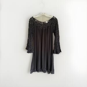Rebecca Taylor Black Silk Dress Romantic Goth Lace Bell Sleeves Women's‎ Size 8